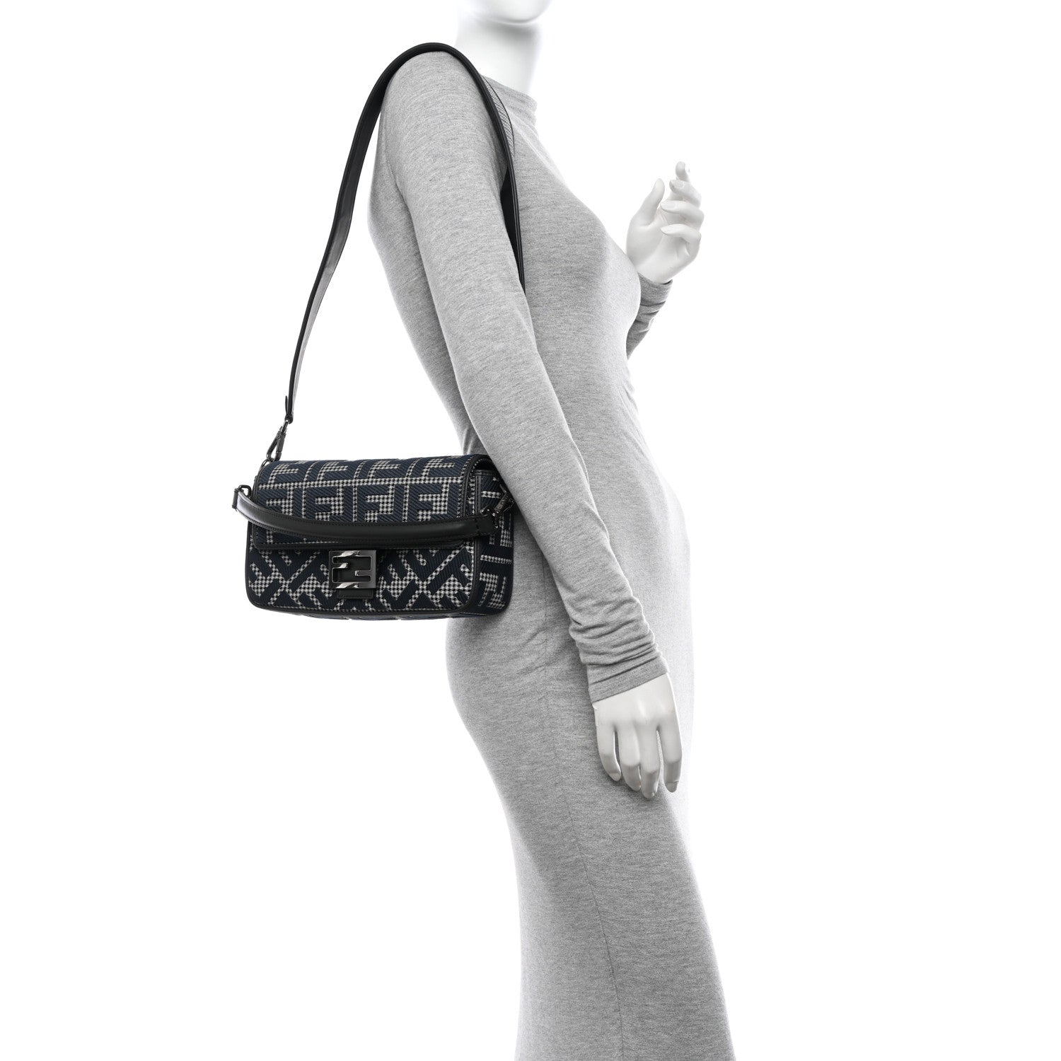 Fendi Wool Vitello King Houndstooth FF Embroidered Baguette Grigio Anthracite 2 of 13