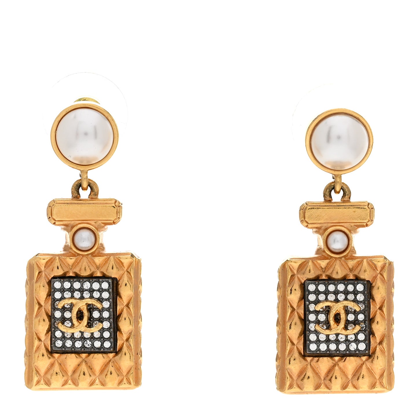 Crystal Pearl CC Perfume Bottle Drop Earrings Gold