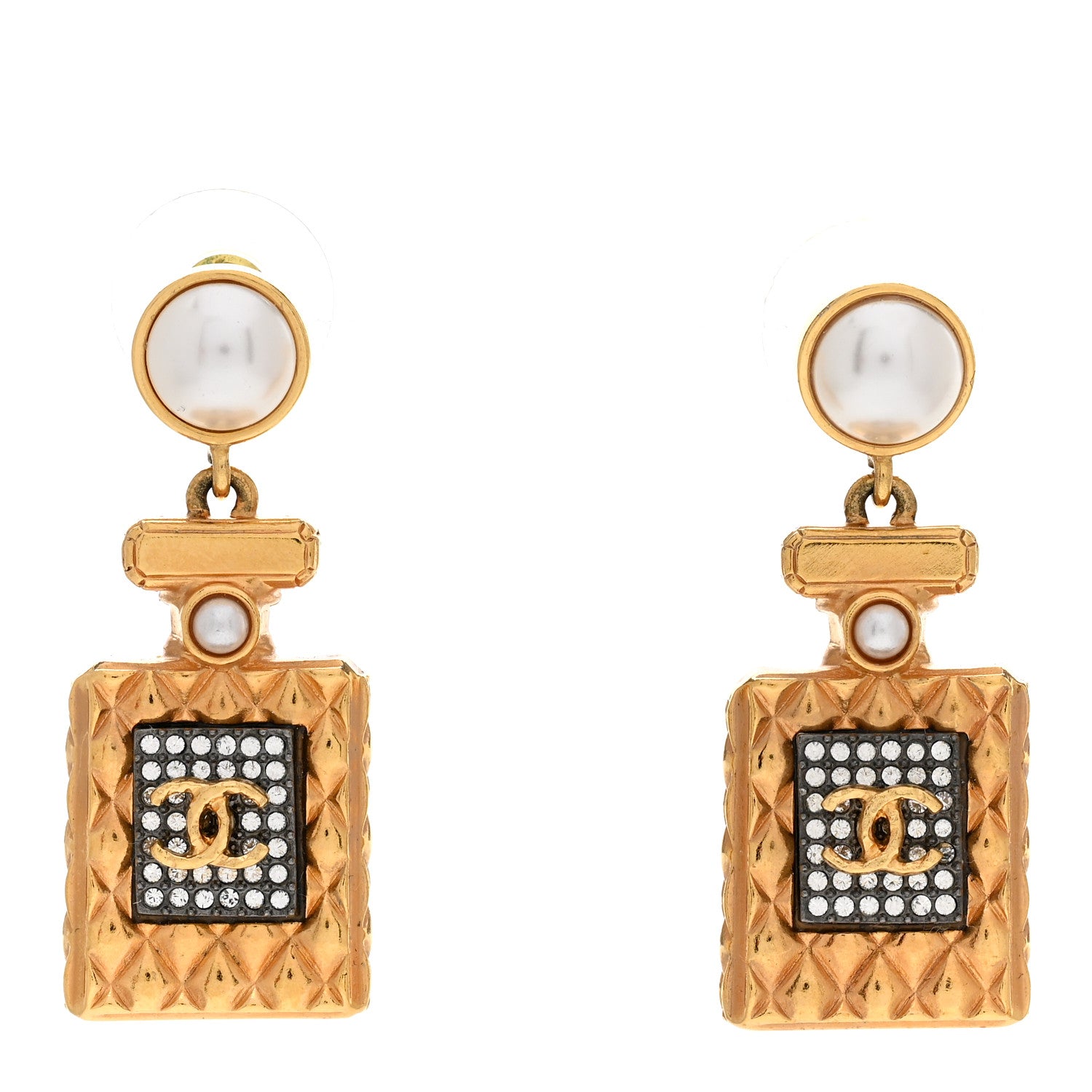 Chanel Crystal Pearl CC Perfume Bottle Drop Earrings Gold 1 of 5