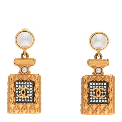 Chanel Crystal Pearl CC Perfume Bottle Drop Earrings Gold 1 of 5