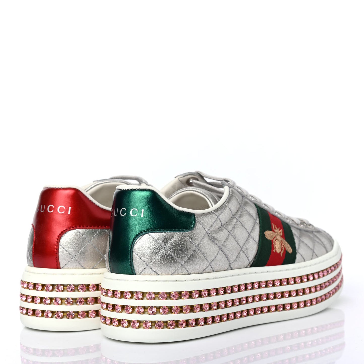 Laminated Nappa Crystal Web Bee Embroidered Trapuntata Womens Ace Platform Sneakers 34 Argento