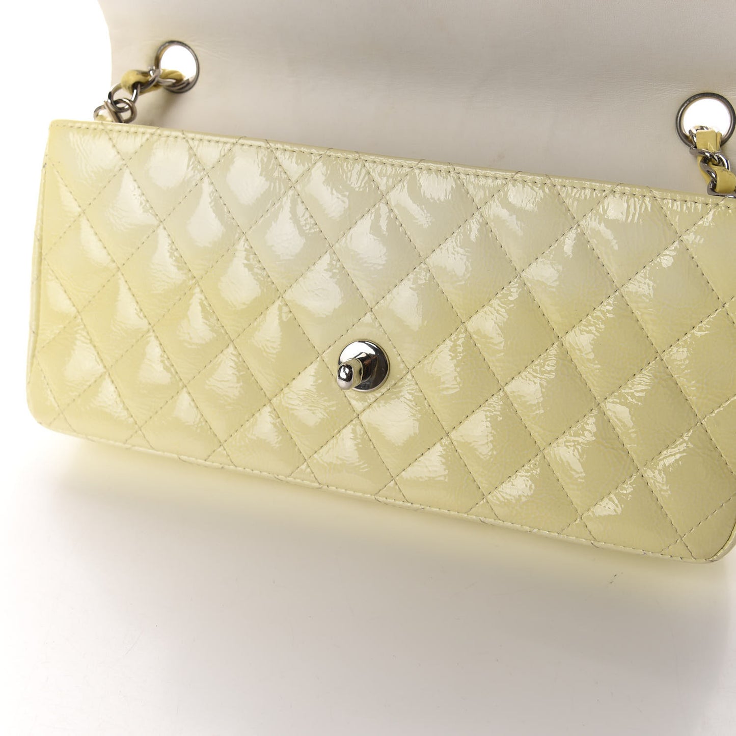 Distressed Patent Calfskin Quilted East West Flap Clutch Ivory