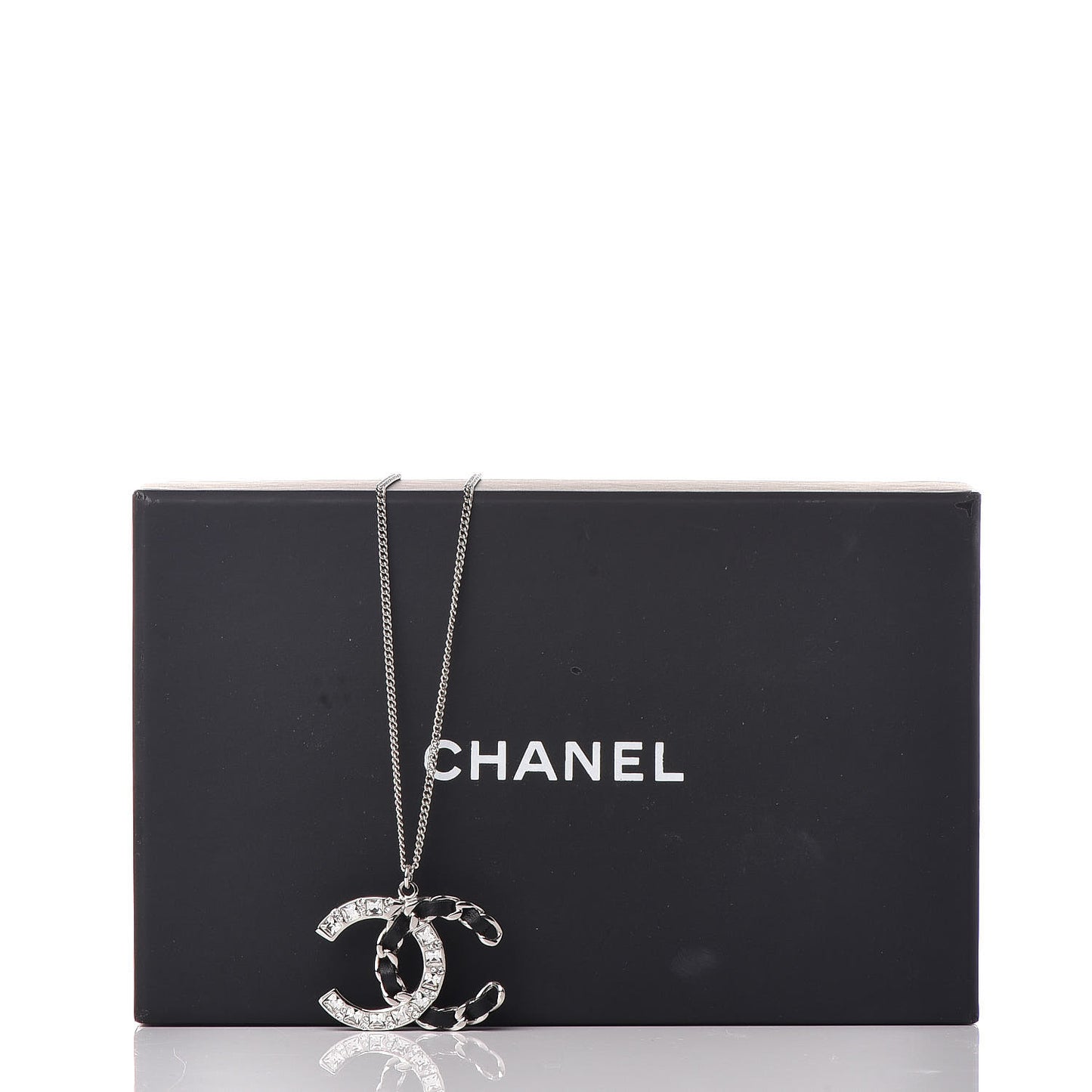 Lambskin Baguette Crystal CC Necklace Black Silver