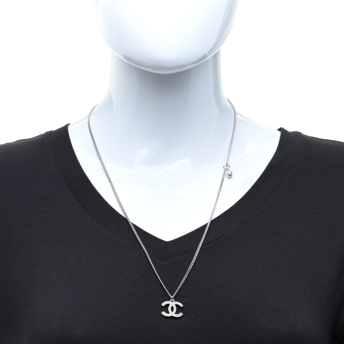 Crystal Pearl CC Pendant Necklace Silver