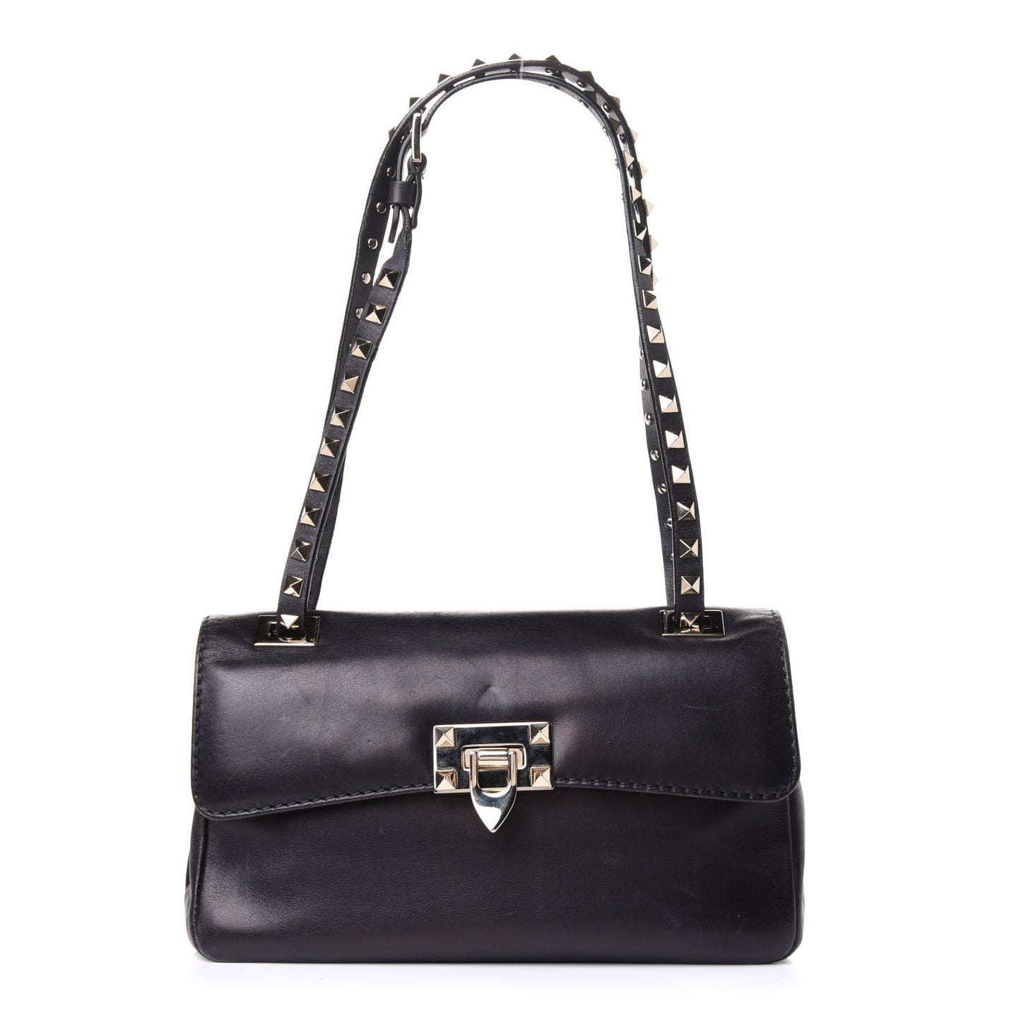 Vitello Rockstud Flip Lock Shoulder Flap Bag Black