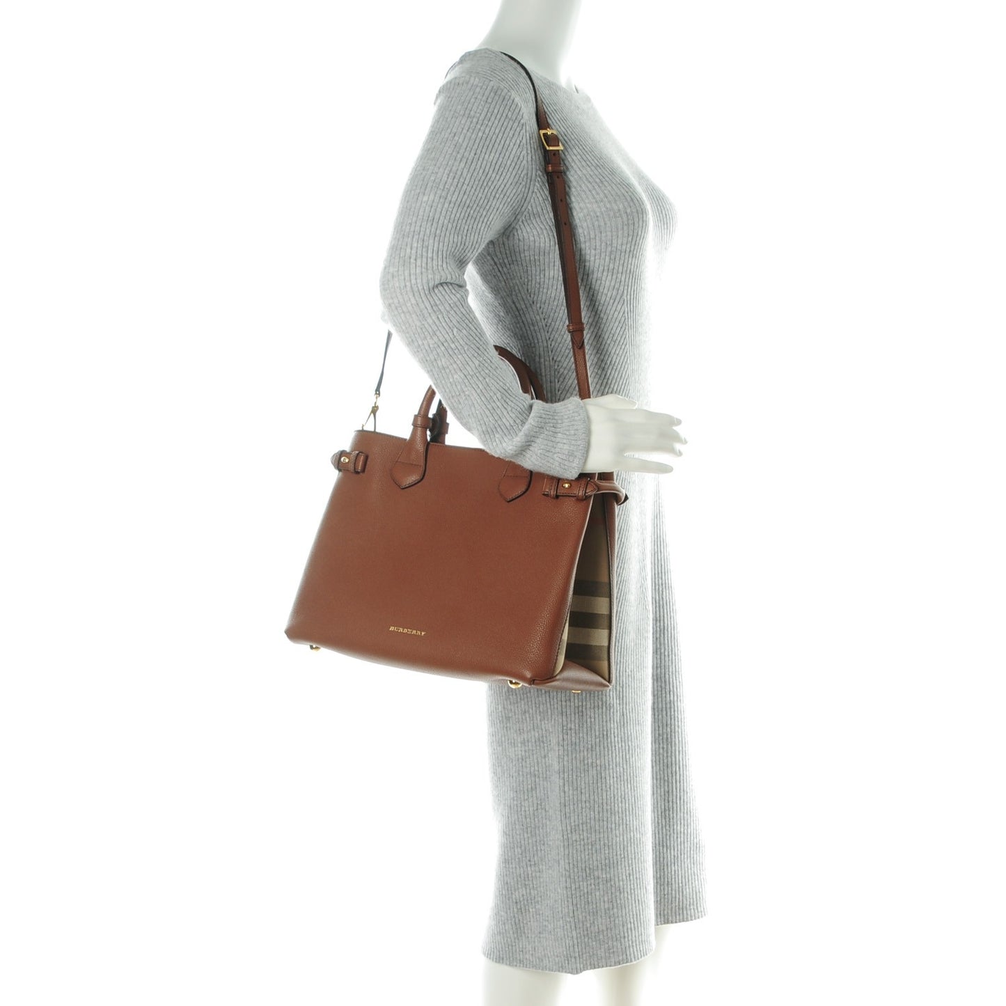 Grainy Calfskin House Check Medium Banner Tote Tan