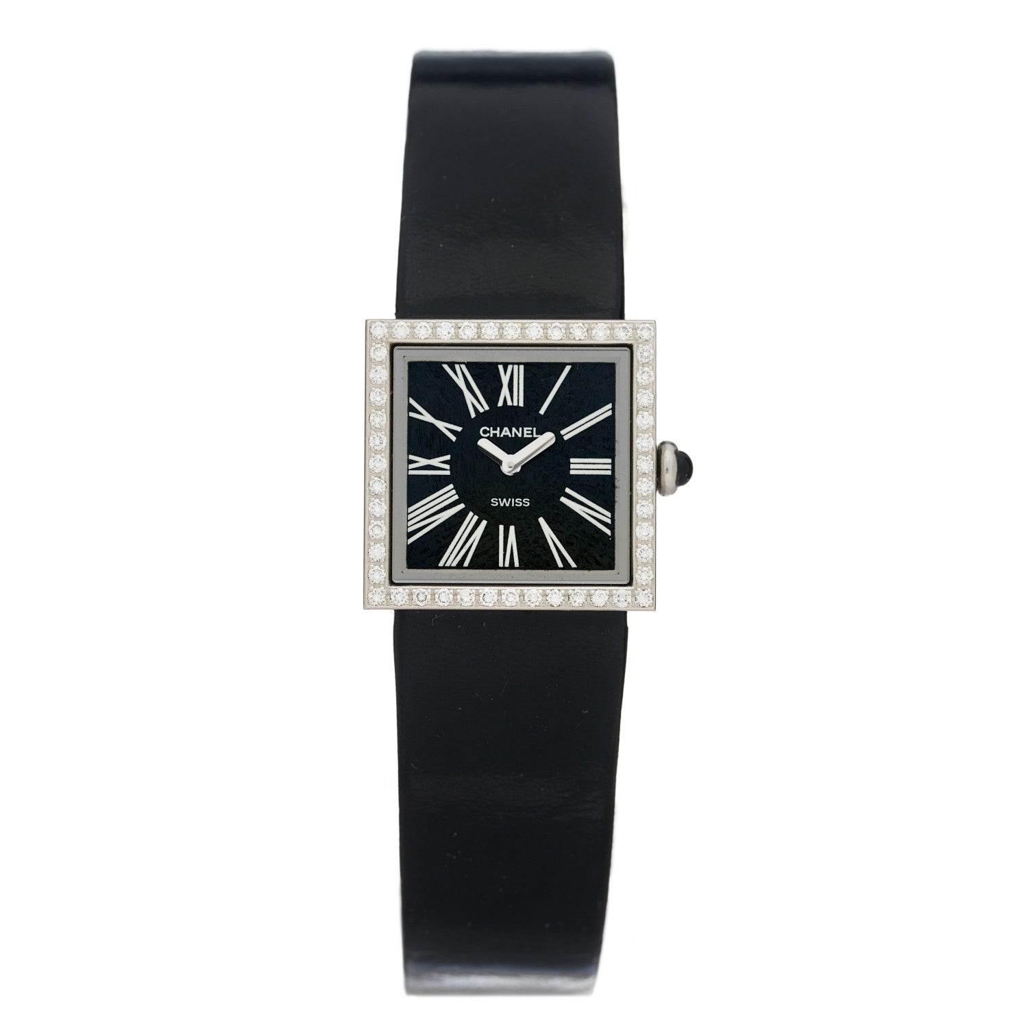 Chanel Stainless Steel Patent Leather Diamond 23mm Mademoiselle Quartz Watch Black 1 of 4