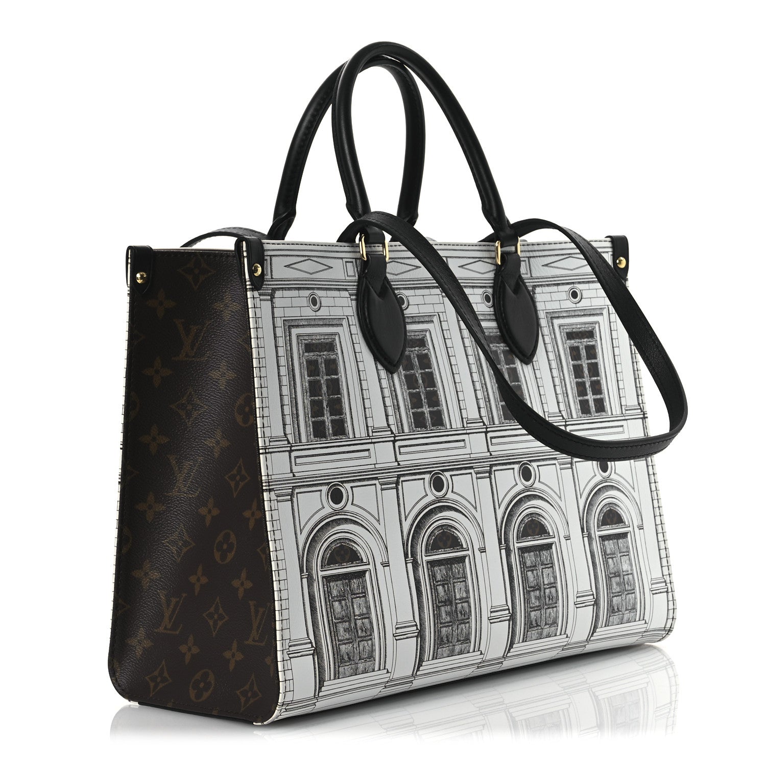 Louis Vuitton X FORNASETTI Calfskin Architettura Onthego MM Black White 3 of 9