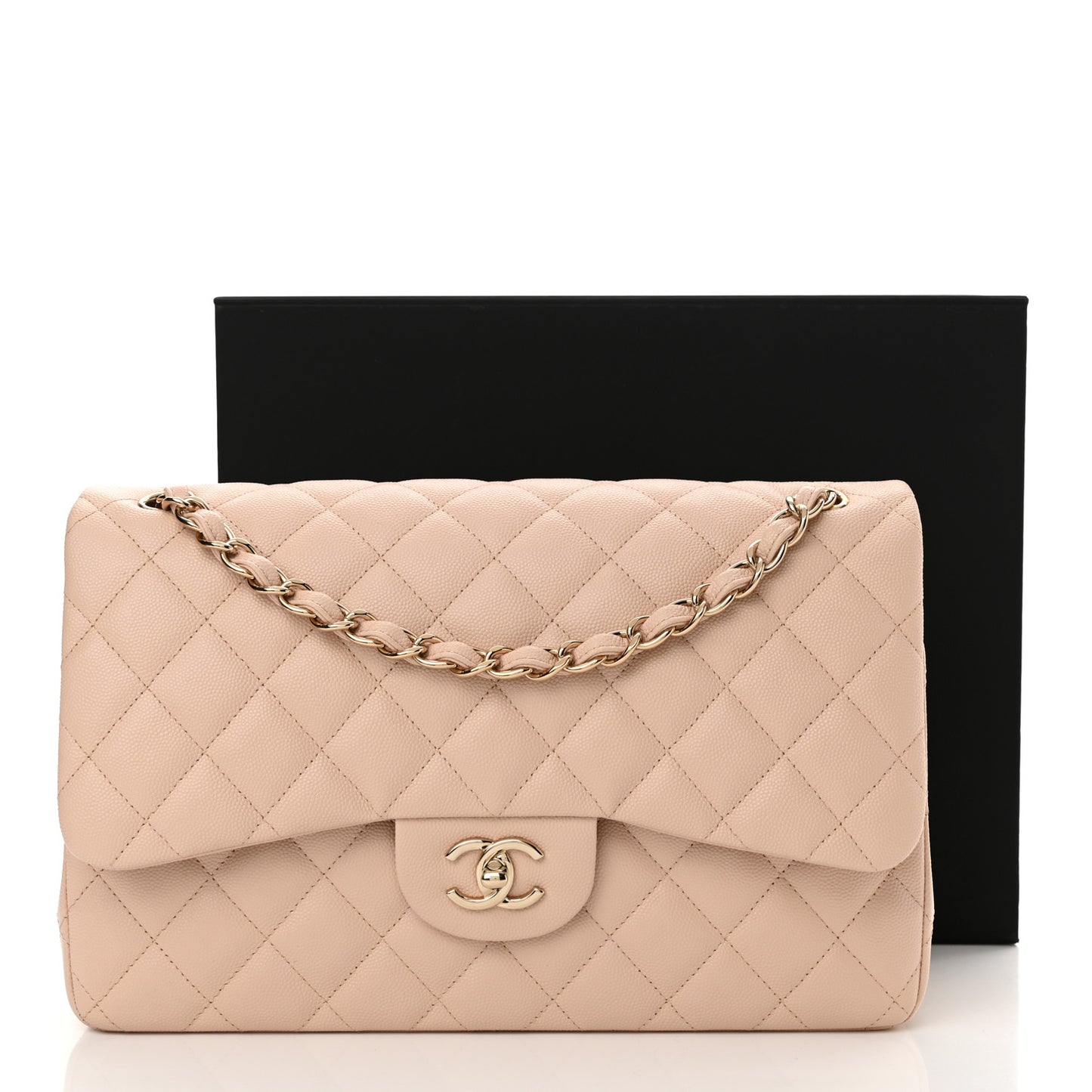 Caviar Quilted Jumbo Double Flap Light Beige