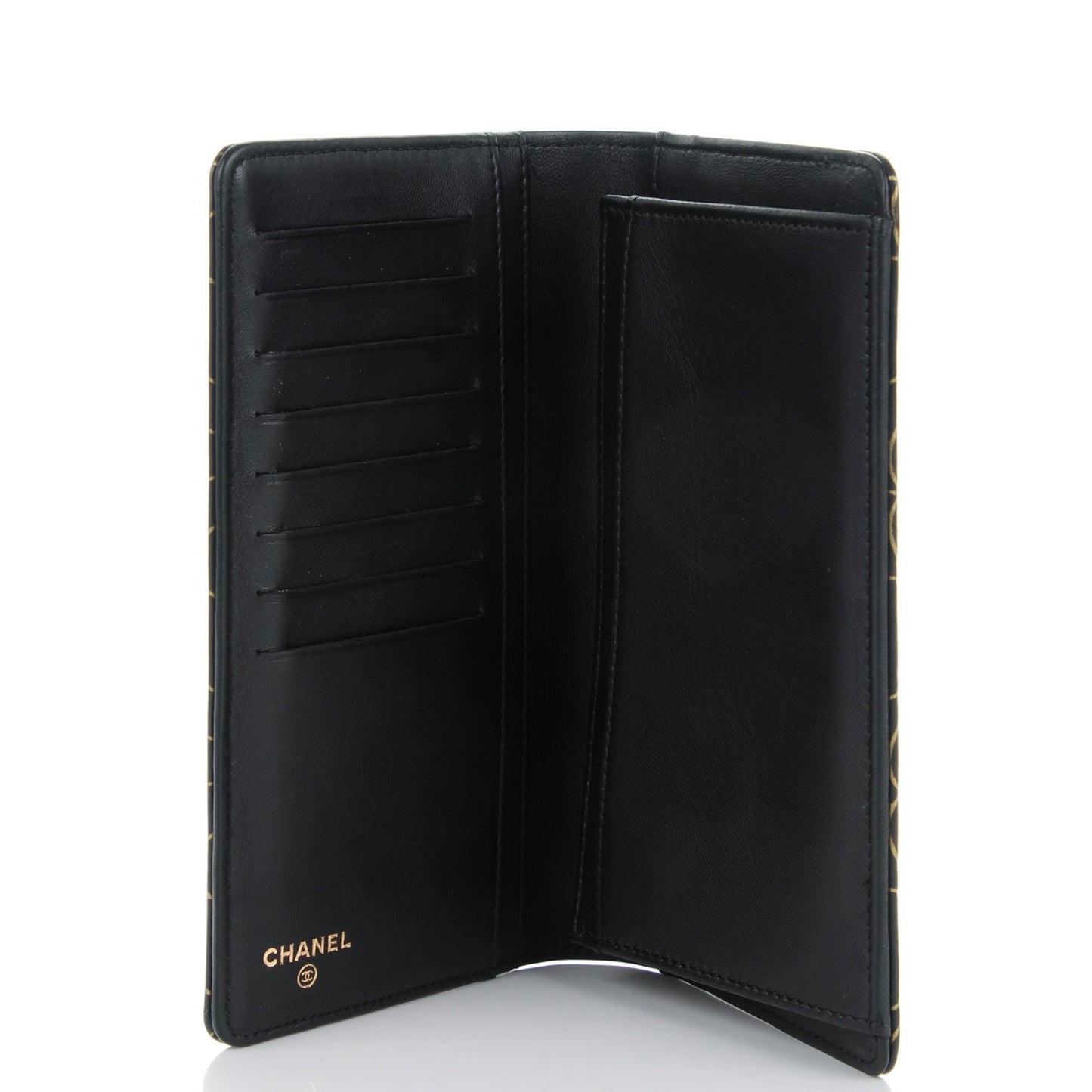 Lambskin Camellia Embossed Yen Wallet Black Gold