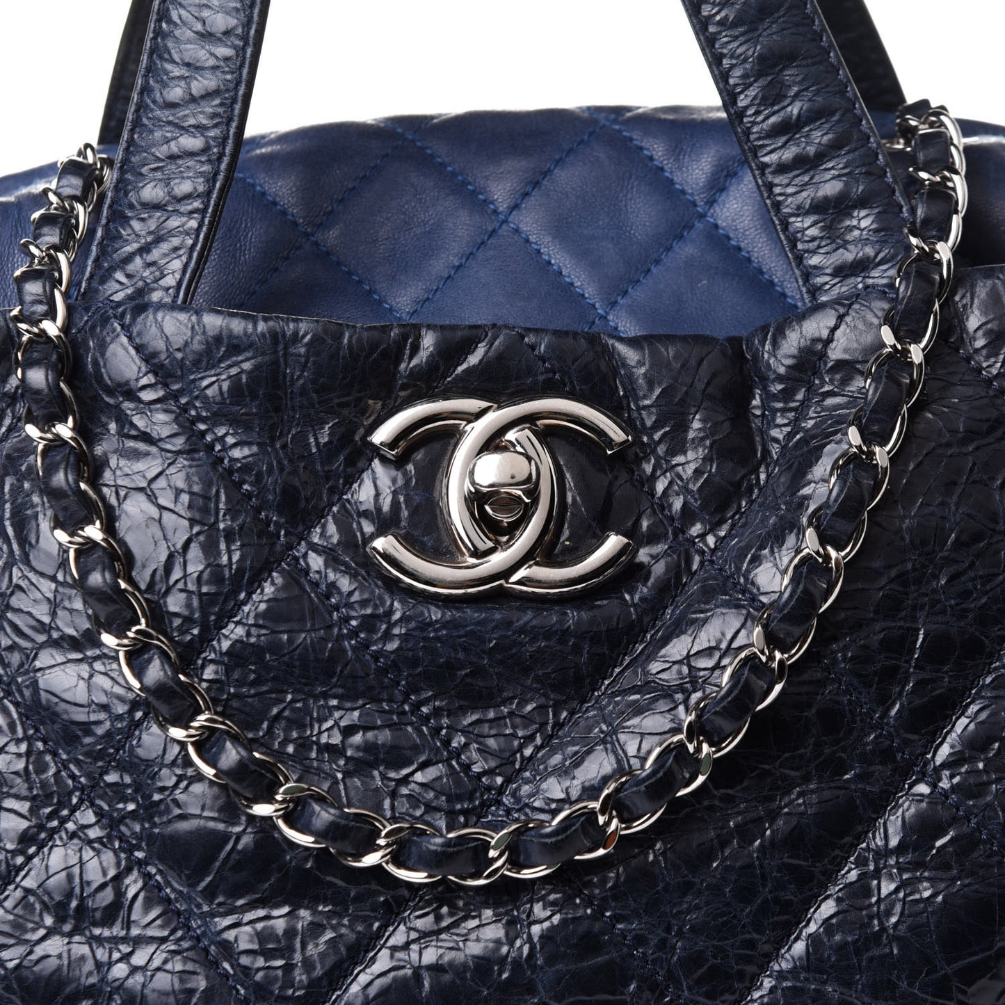Glazed Calfskin Lambskin Quilted Portobello Tote Navy