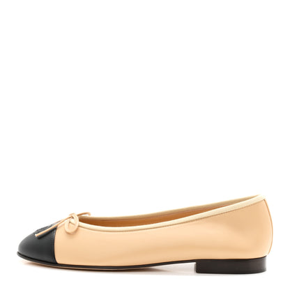 Chanel Lambskin Cap Toe CC Ballerina Flats 38 Beige Black 1 of 9