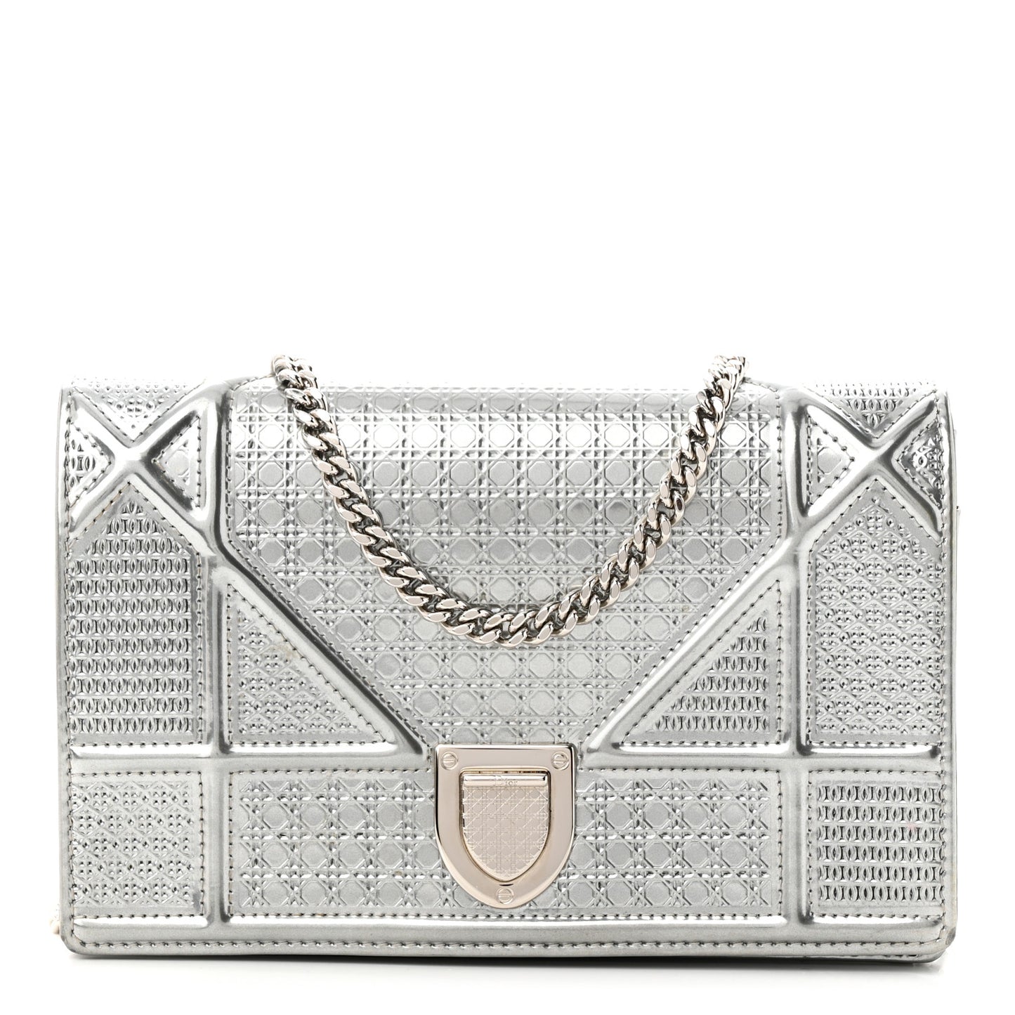 Metallic Patent Micro-Cannage Diorama Wallet on Chain Pouch Silver