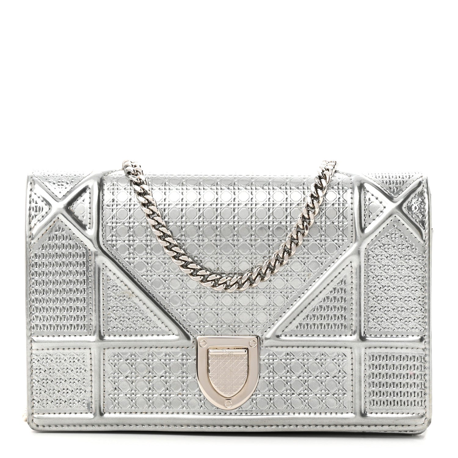 Christian Dior Metallic Patent Micro-Cannage Diorama Wallet on Chain Pouch Silver 1 of 14