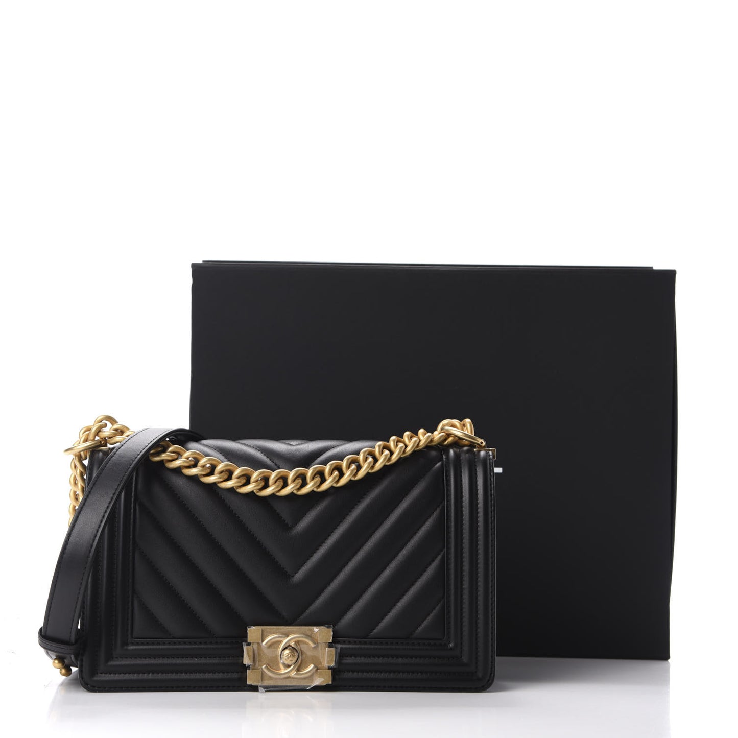 Calfskin Chevron Quilted Medium Boy Flap Black