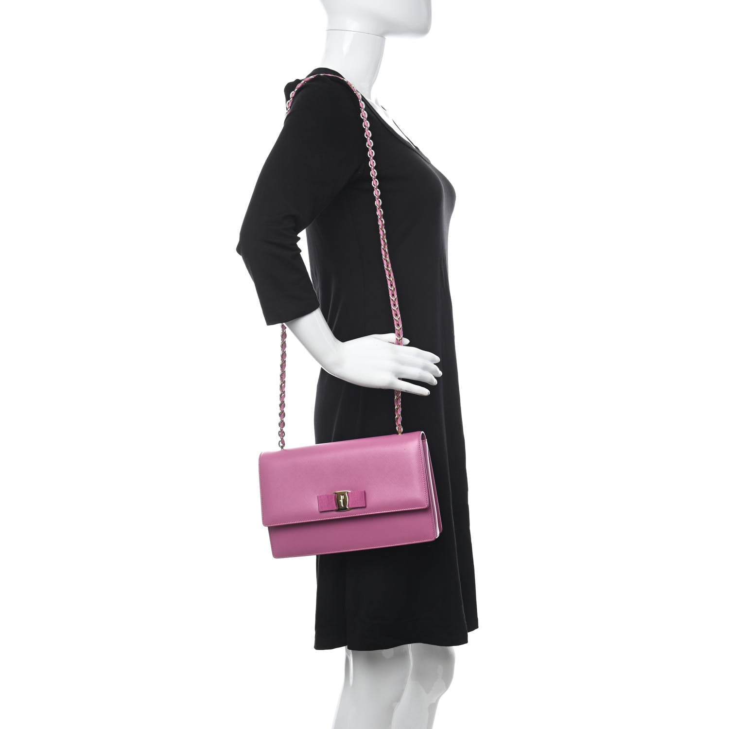 Salvatore Ferragamo Printed Calfskin Vara Bow Chain Flap Crossbody Fuchsia 2 of 10