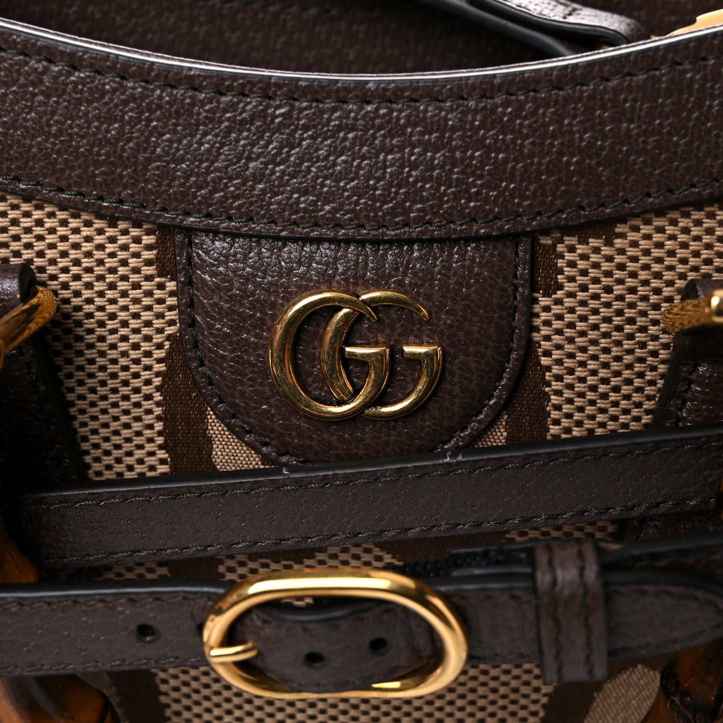 Monogram Jumbo GG Textured Dollar Calfskin Small Diana Tote Bag Camel Ebony New Acero