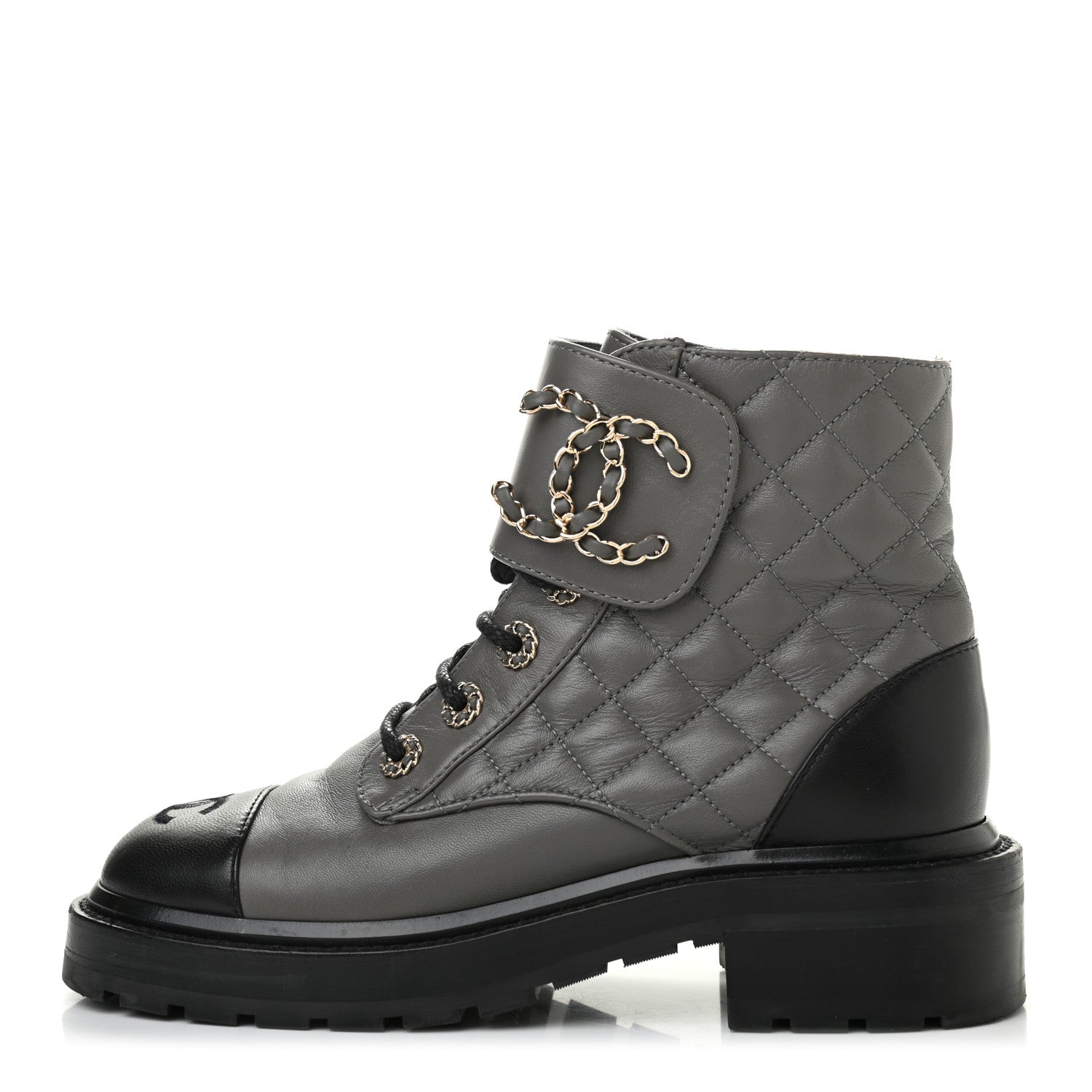 Chanel Shiny Lambskin Quilted Lace Up Combat Boots 36 Grey Black 1 of 13