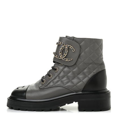 Chanel Shiny Lambskin Quilted Lace Up Combat Boots 36 Grey Black 1 of 13