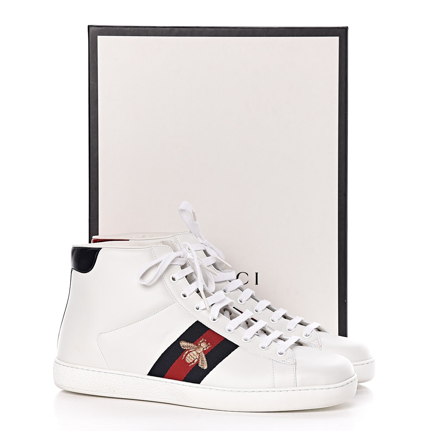 Calfskin Miro Soft Web Bee Embroidered Mens Ace High Top Sneakers 11.5 White