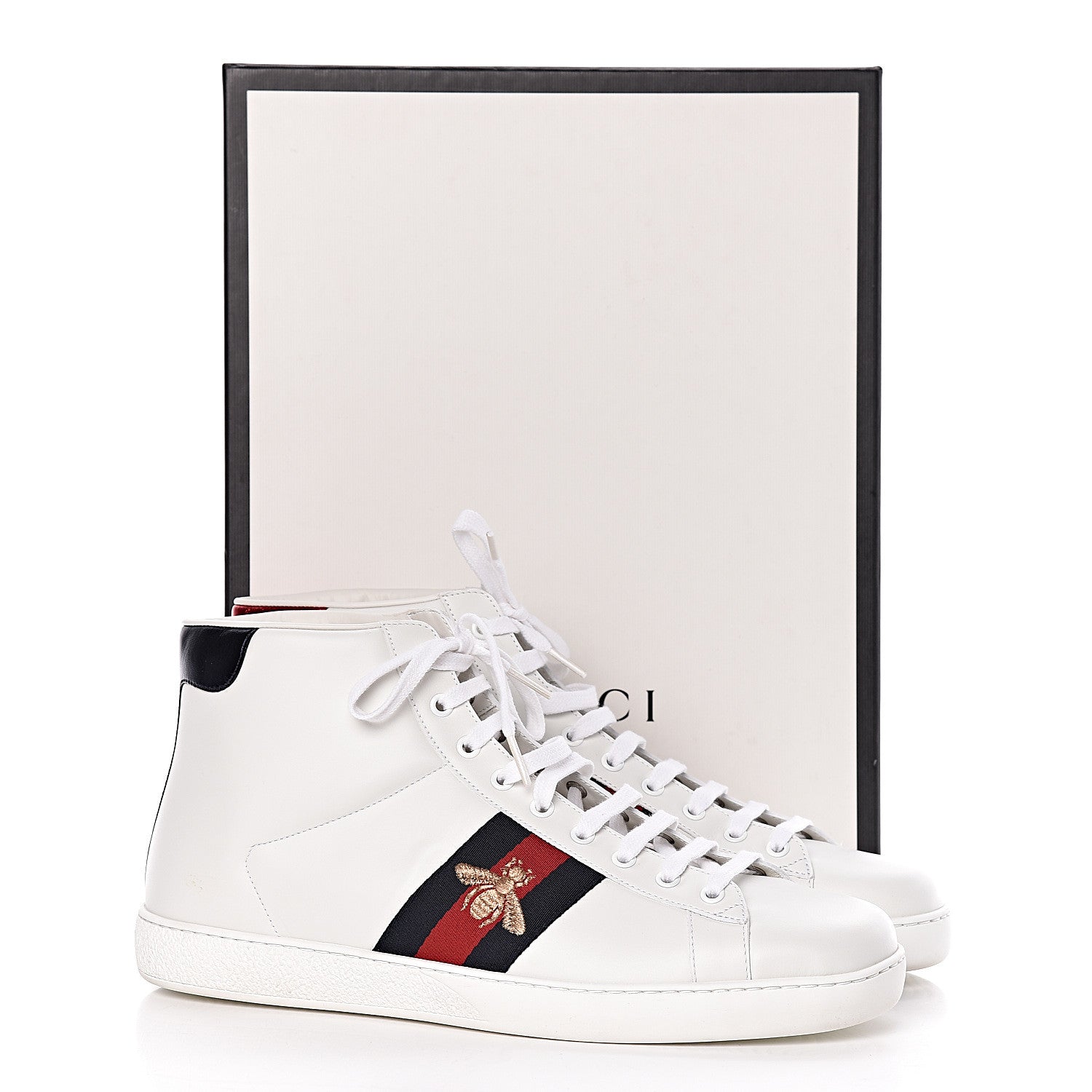 Gucci Calfskin Miro Soft Web Bee Embroidered Mens Ace High Top Sneakers 11.5 White 14 of 14