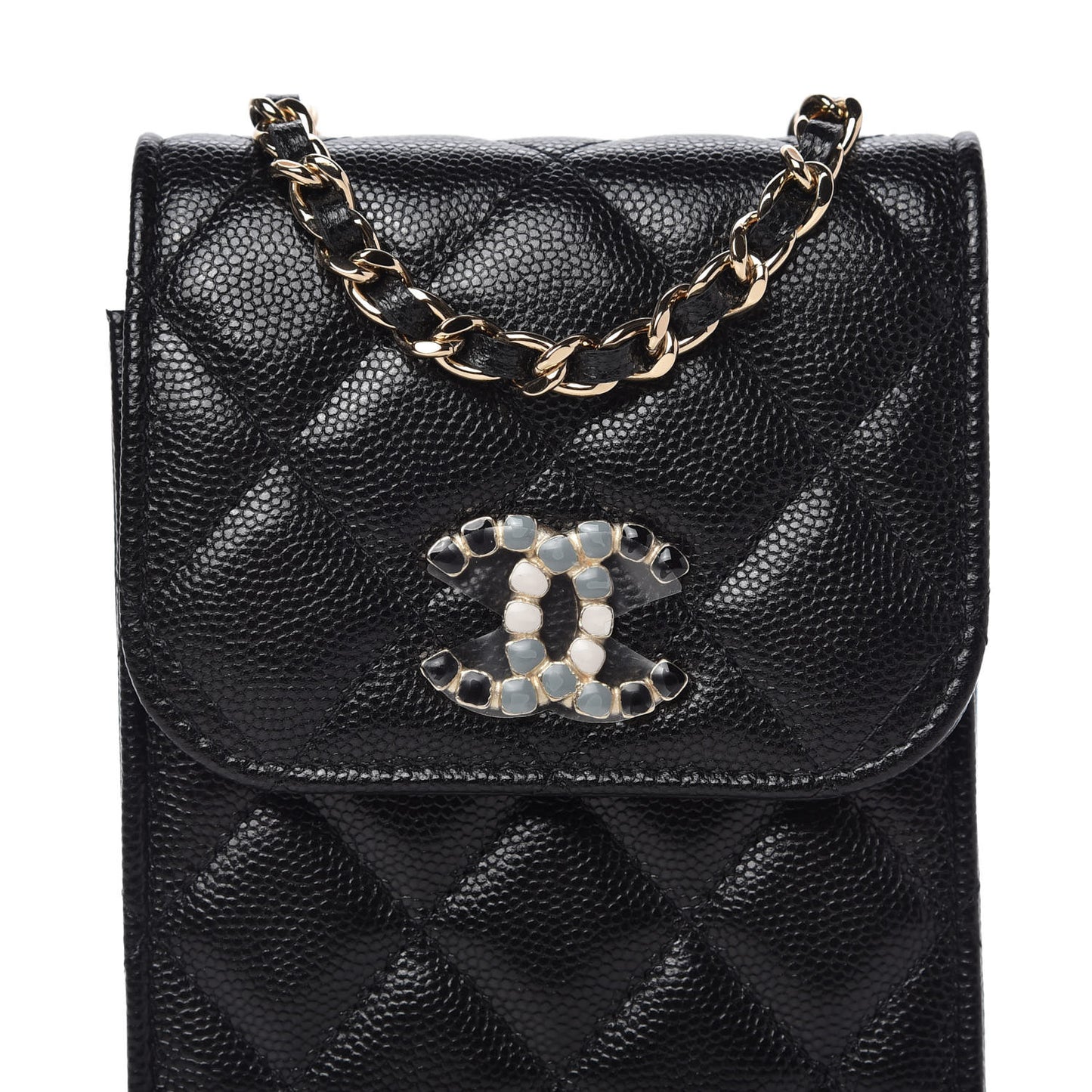 Caviar Quilted Crystal CC Airpods Pro and Phone Case With Chain Black