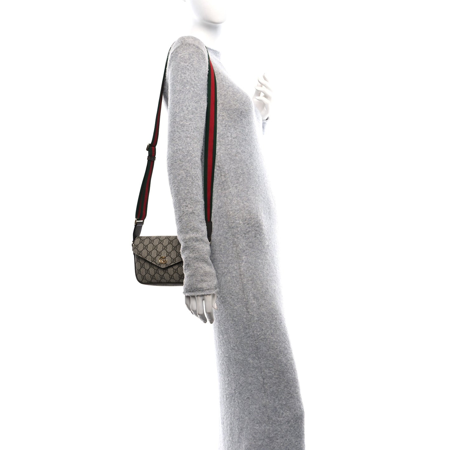 GG Supreme Monogram Textured Dollar Calfskin Web Mini Ophidia Envelope Shoulder Bag Beige Ebony