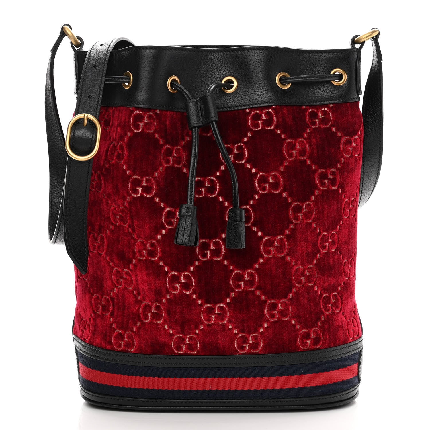 Gucci Velvet GG Monogram Textured Calfskin Web Bucket Bag Red Cipria Black 3 of 11