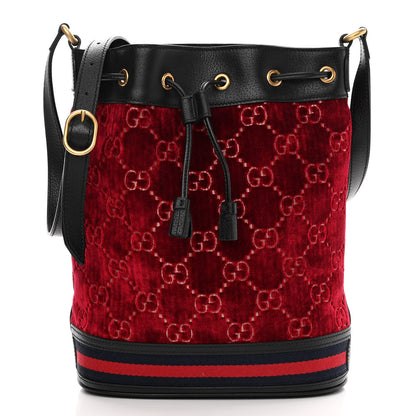 Gucci Velvet GG Monogram Textured Calfskin Web Bucket Bag Red Cipria Black 3 of 11