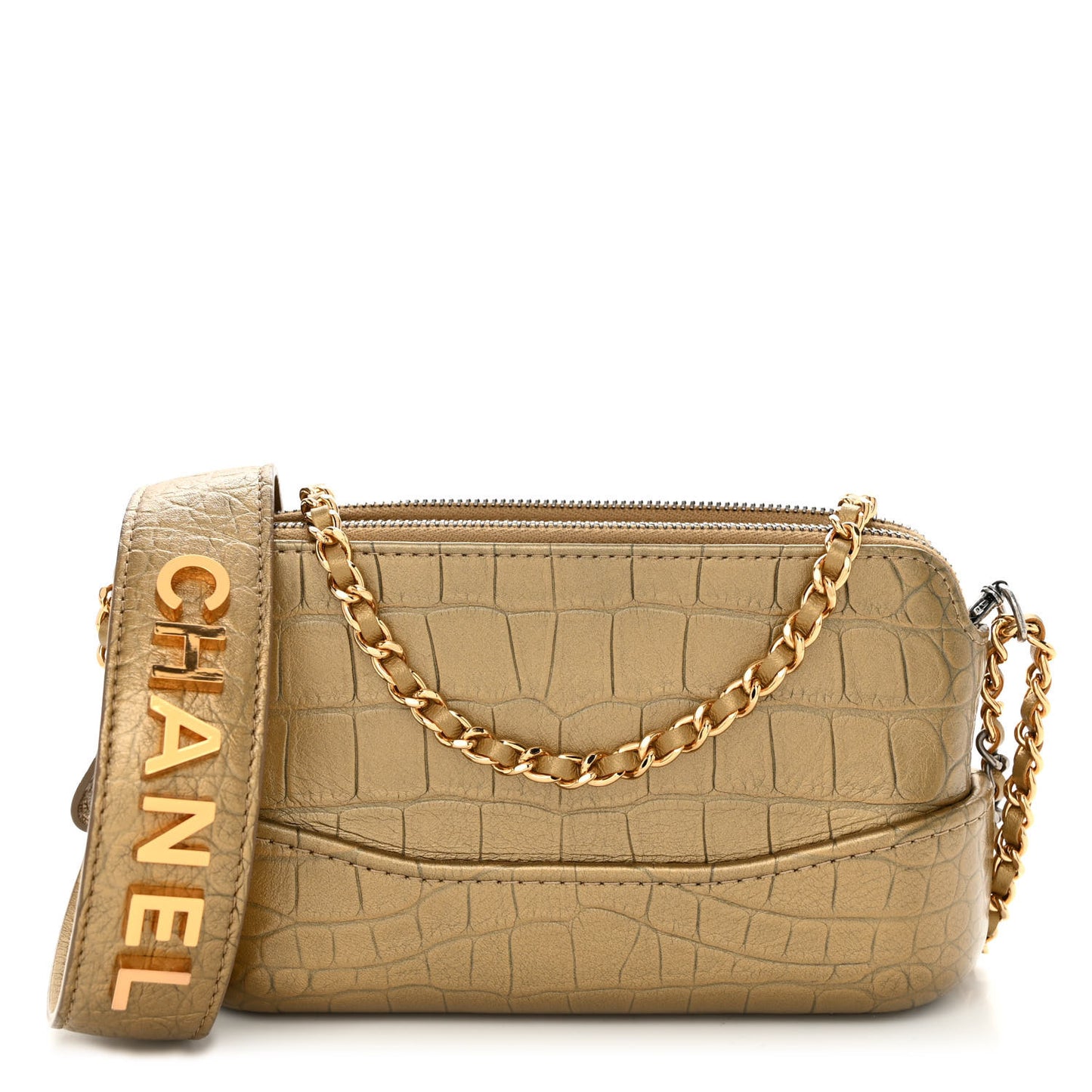 Metallic Calfskin Crocodile Embossed Small Gabrielle Clutch With Chain Gold