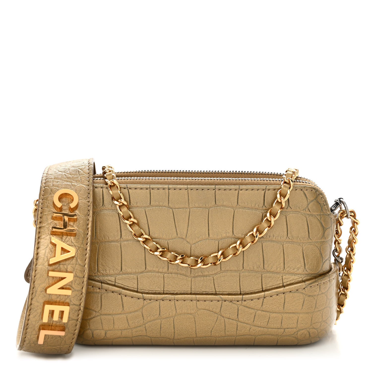 Chanel Metallic Calfskin Crocodile Embossed Small Gabrielle Clutch With Chain Gold 1 of 11