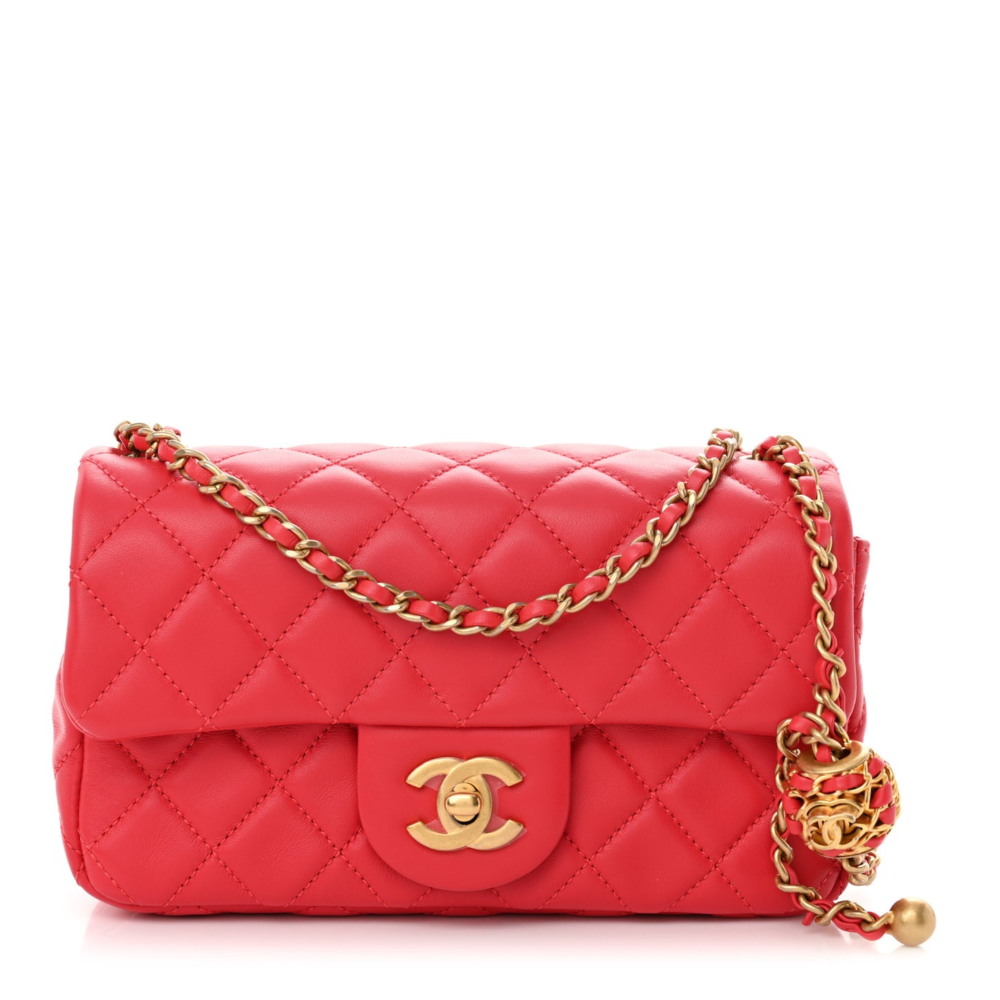 Lambskin Quilted Mini Rectangular Pearl Crush Flap Red