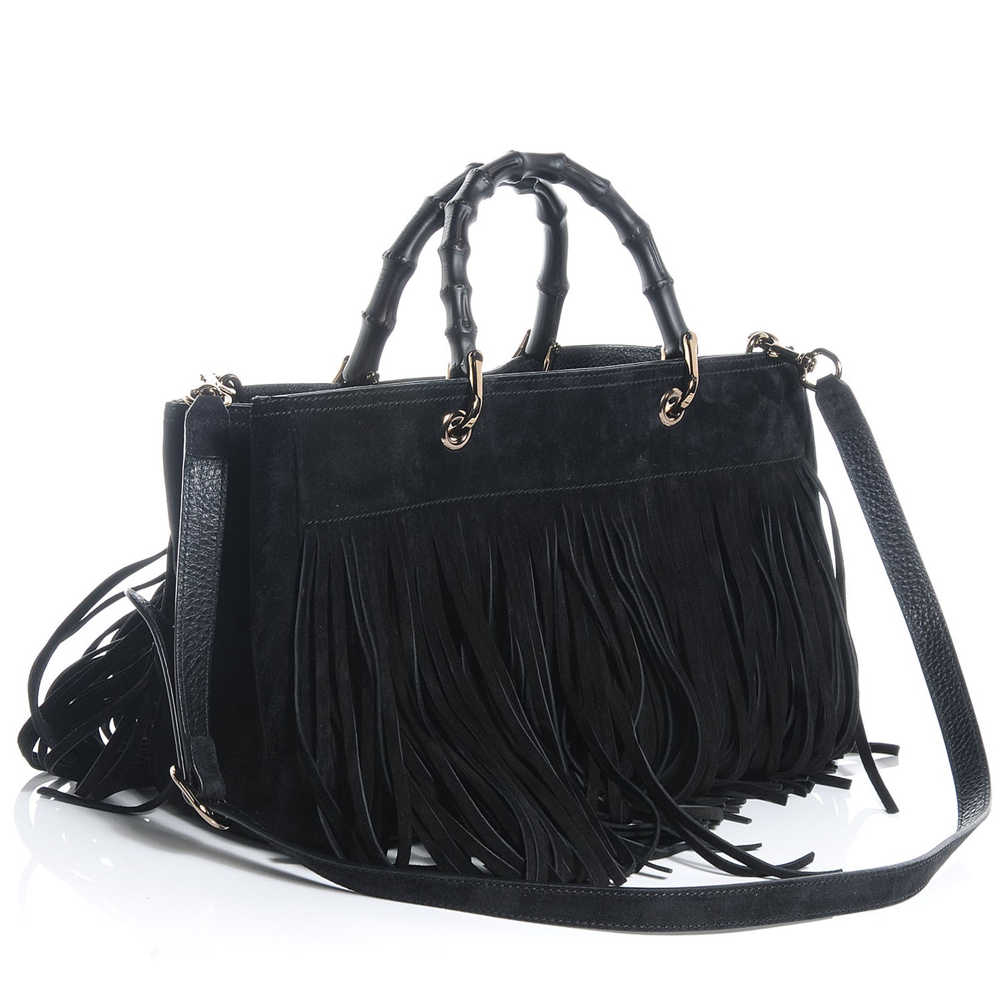 Suede Bamboo Fringe Medium Shopper Tote Black