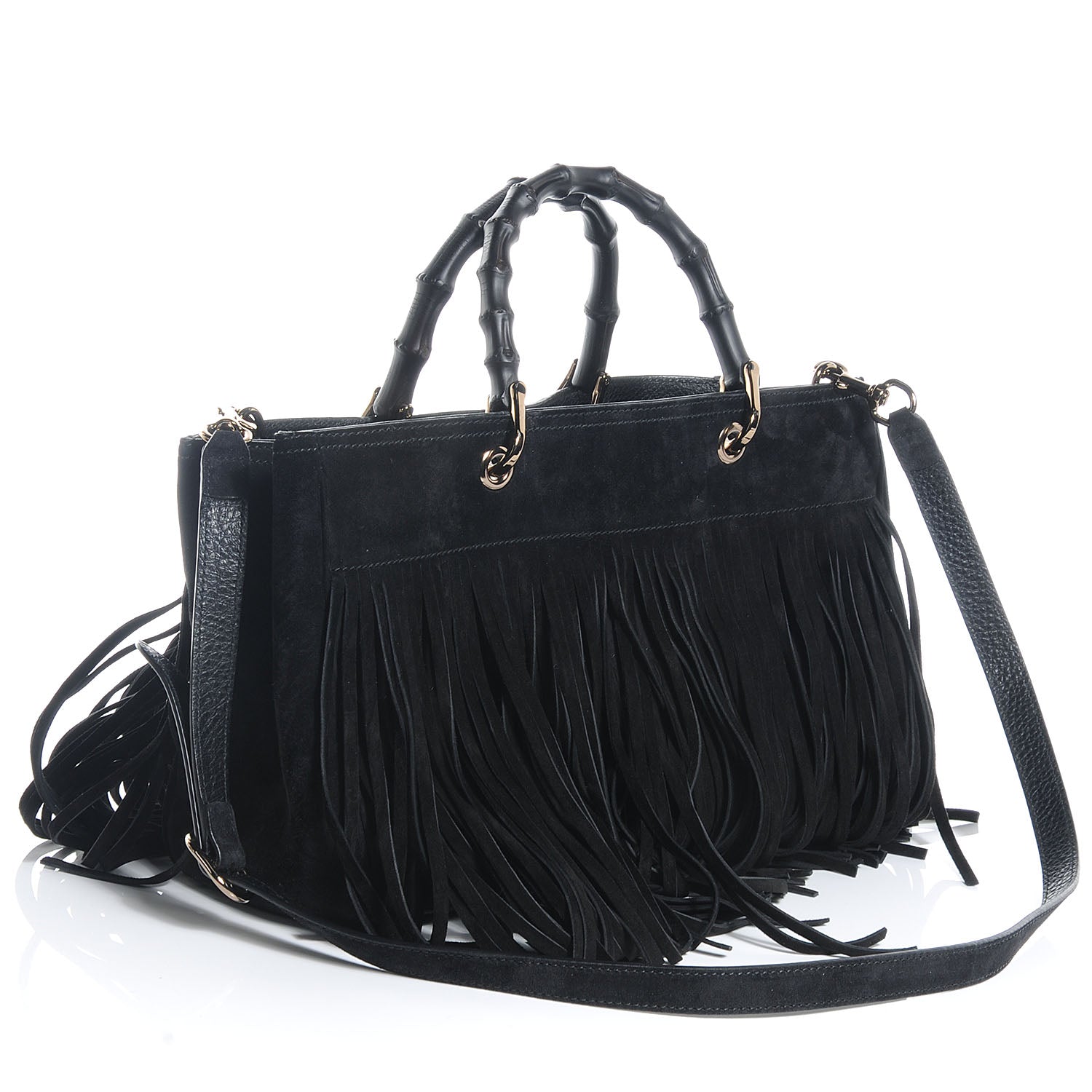 Gucci Suede Bamboo Fringe Medium Shopper Tote Black 3 of 7