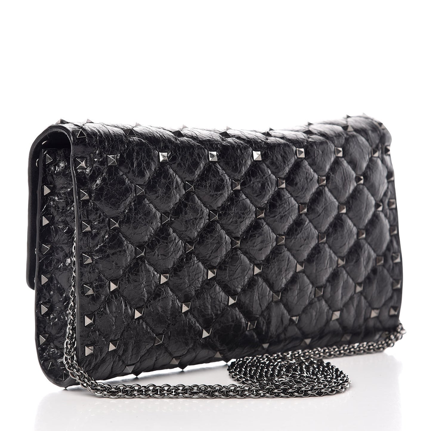 Craquele Nappa Rockstud Spike Wallet on Chain Black