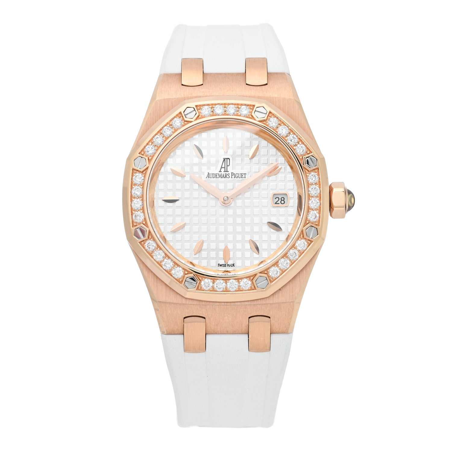 Audemars Piguet 18K Rose Gold Rubber Diamond 33mm Royal Oak Quartz Watch White 67621OR.ZZ.D010CA.01 1 of 4