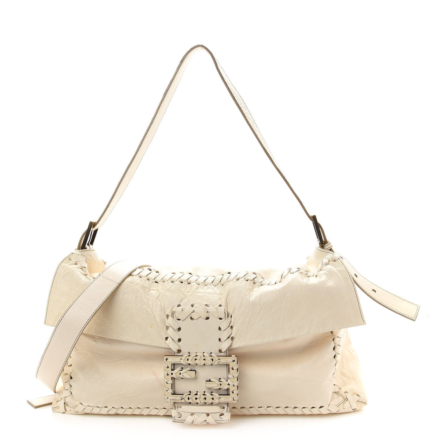 Fendi Goatskin Whipstitch Large Convertible Baguette White 1 of 11