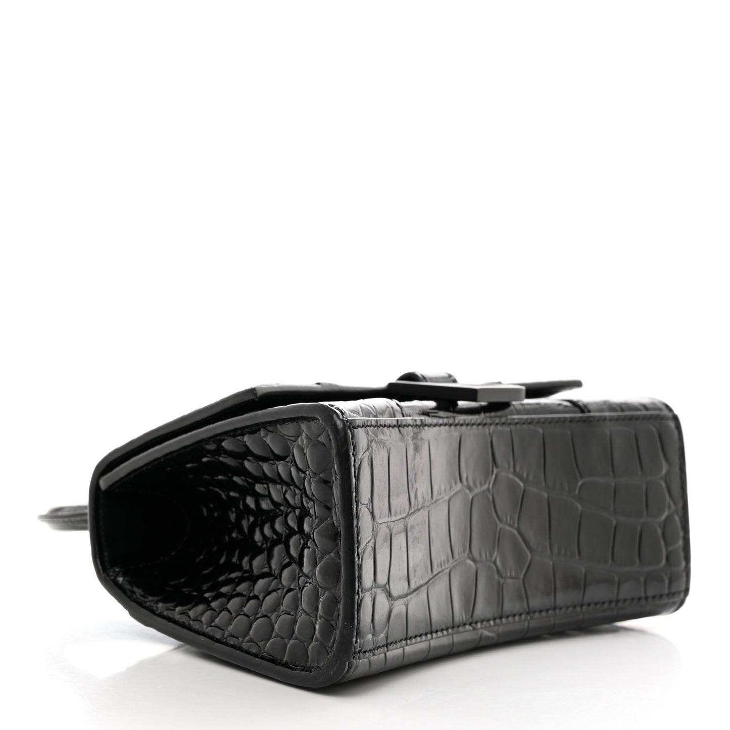 Shiny Calfskin Monochrome Crocodile Embossed Hourglass Top Handle Bag XS Black