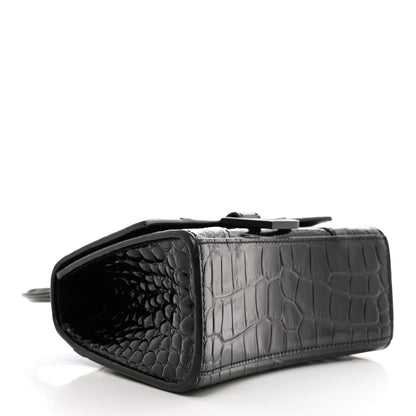 Balenciaga Shiny Calfskin Monochrome Crocodile Embossed Hourglass Top Handle Bag XS Black 4 of 11