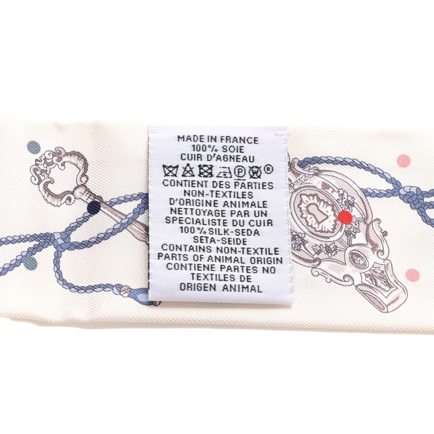 Silk Calfskin Les Cles A Pois Fringed Twilly Creme Gris Perle Multicolor