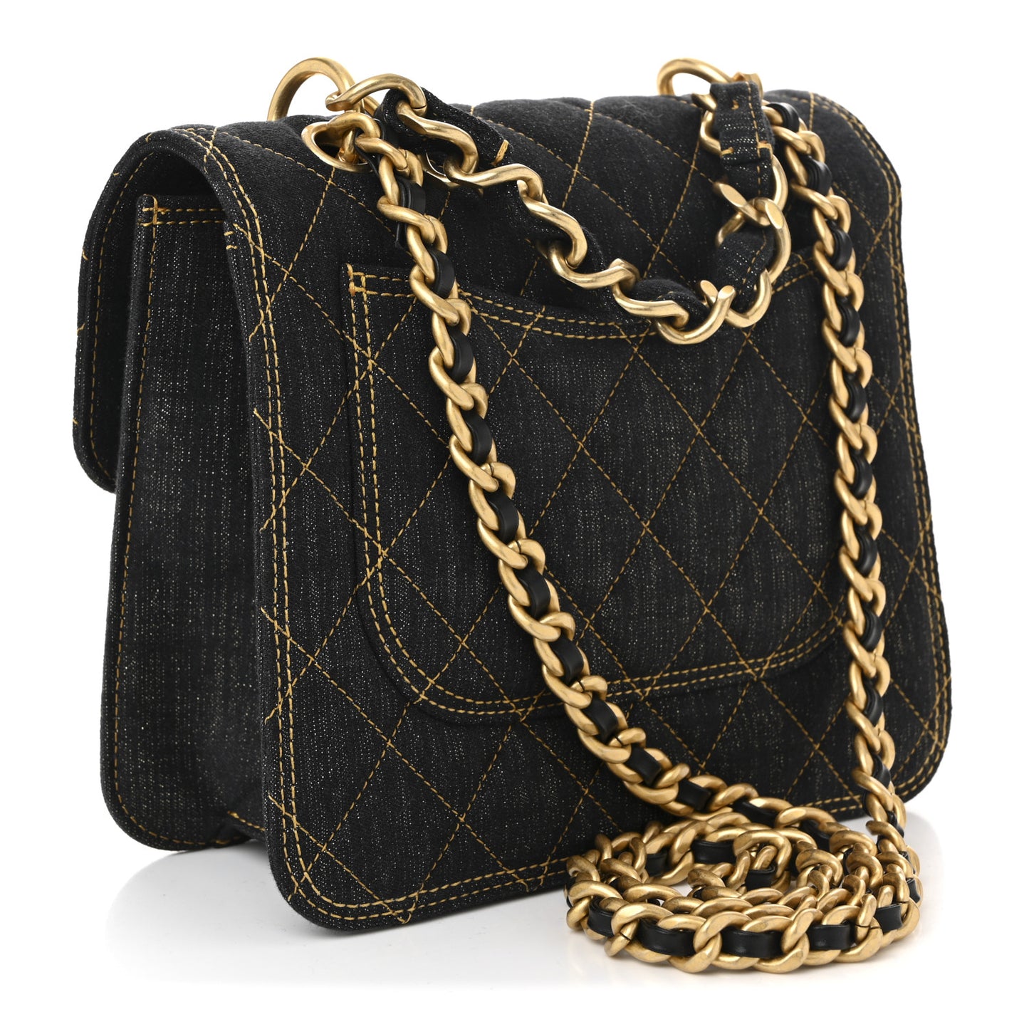 Denim Quilted Double You Mini Flap Black Golden
