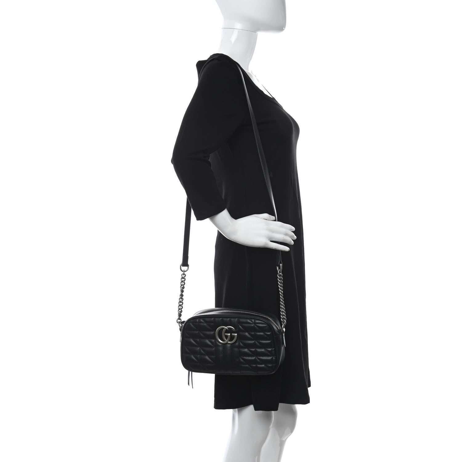 Gucci Calfskin Matelasse Aria Small GG Marmont Chain Shoulder Bag Black 2 of 7