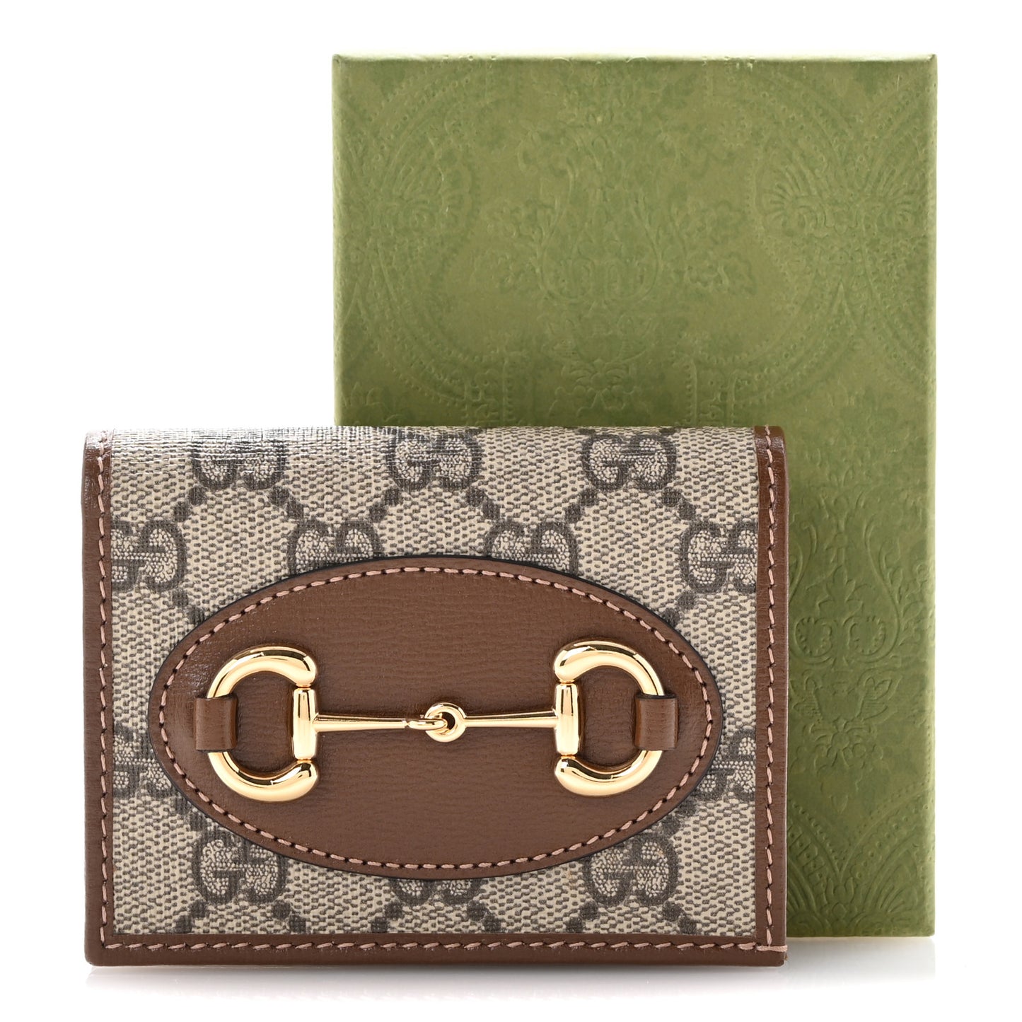 GG Supreme Monogram Horsebit 1955 Card Case Wallet Beige Ebony Brown Sugar