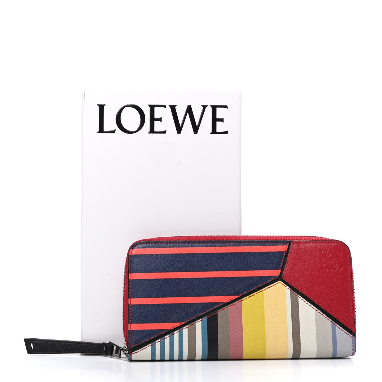 Calfskin Puzzle Striped Colorblock Zip Around Wallet Red Tan