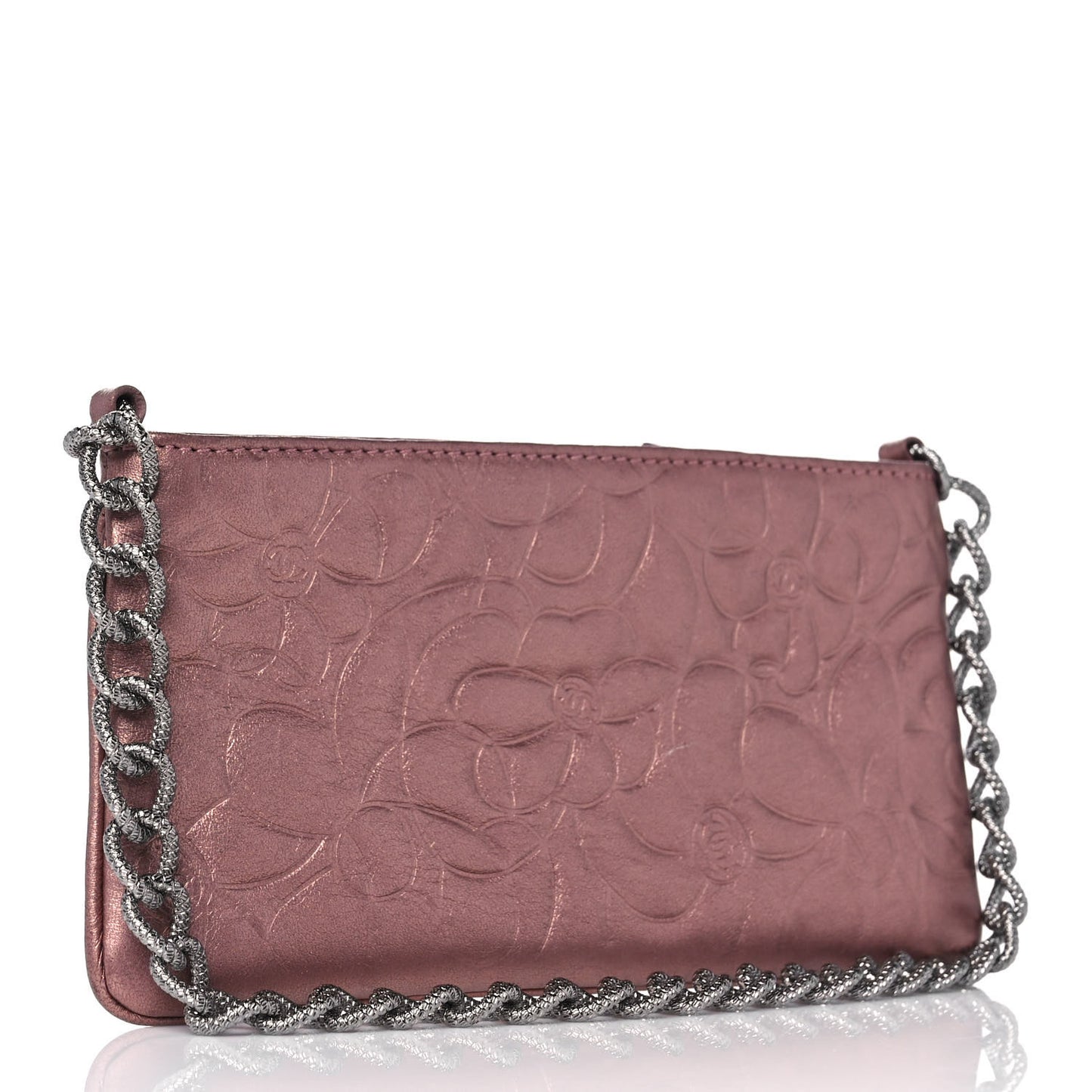 Metallic Lambskin Camellia Chain Pouch Pink