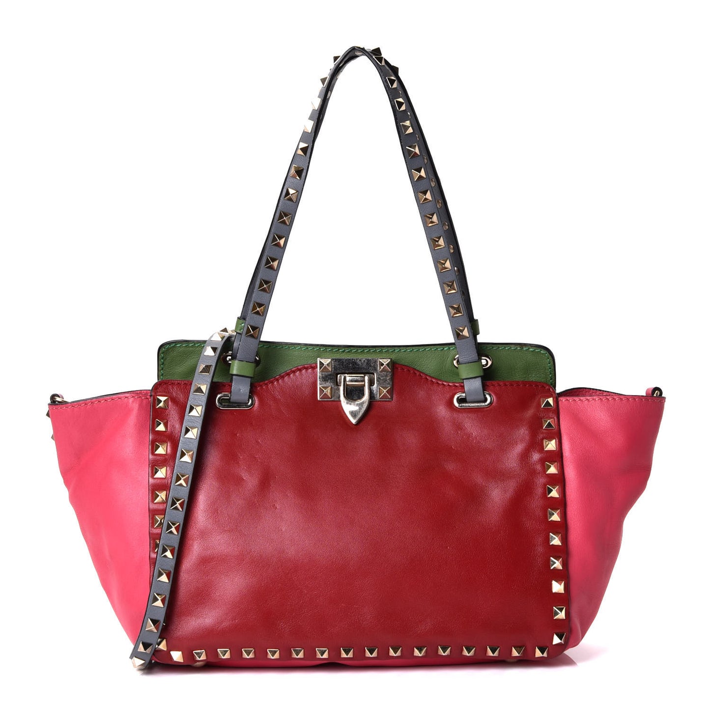 Vitello Colorblock Small Rockstud Tote Deep Rose Clover Grey Scarlet