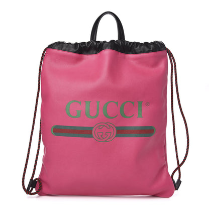 Gucci Grained Calfskin Logo Drawstring Backpack Box Pink Green Black 1 of 10