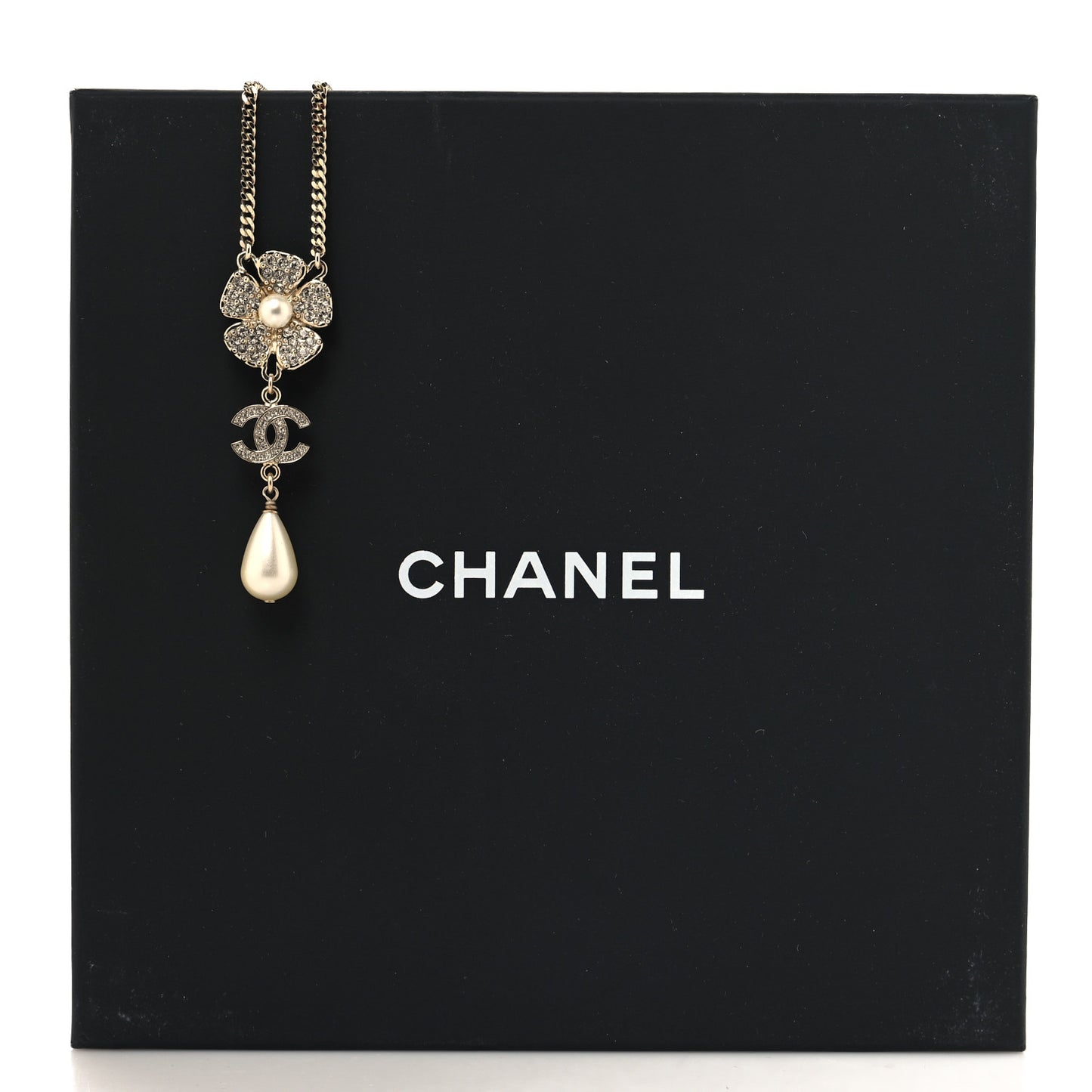 Crystal Pearl CC Flower Drop Necklace Gold