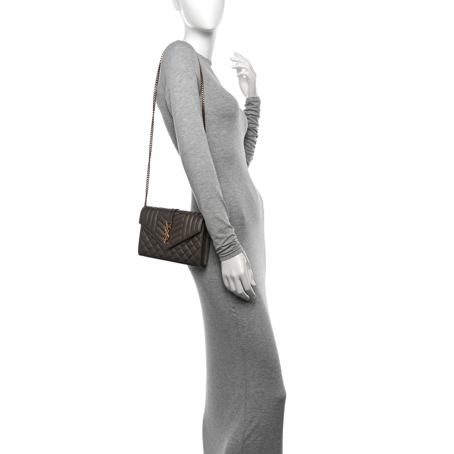 Saint Laurent Metallic Grain De Poudre Mixed Matelasse Triquilt Monogram Chain Wallet Piombo 2 of 12