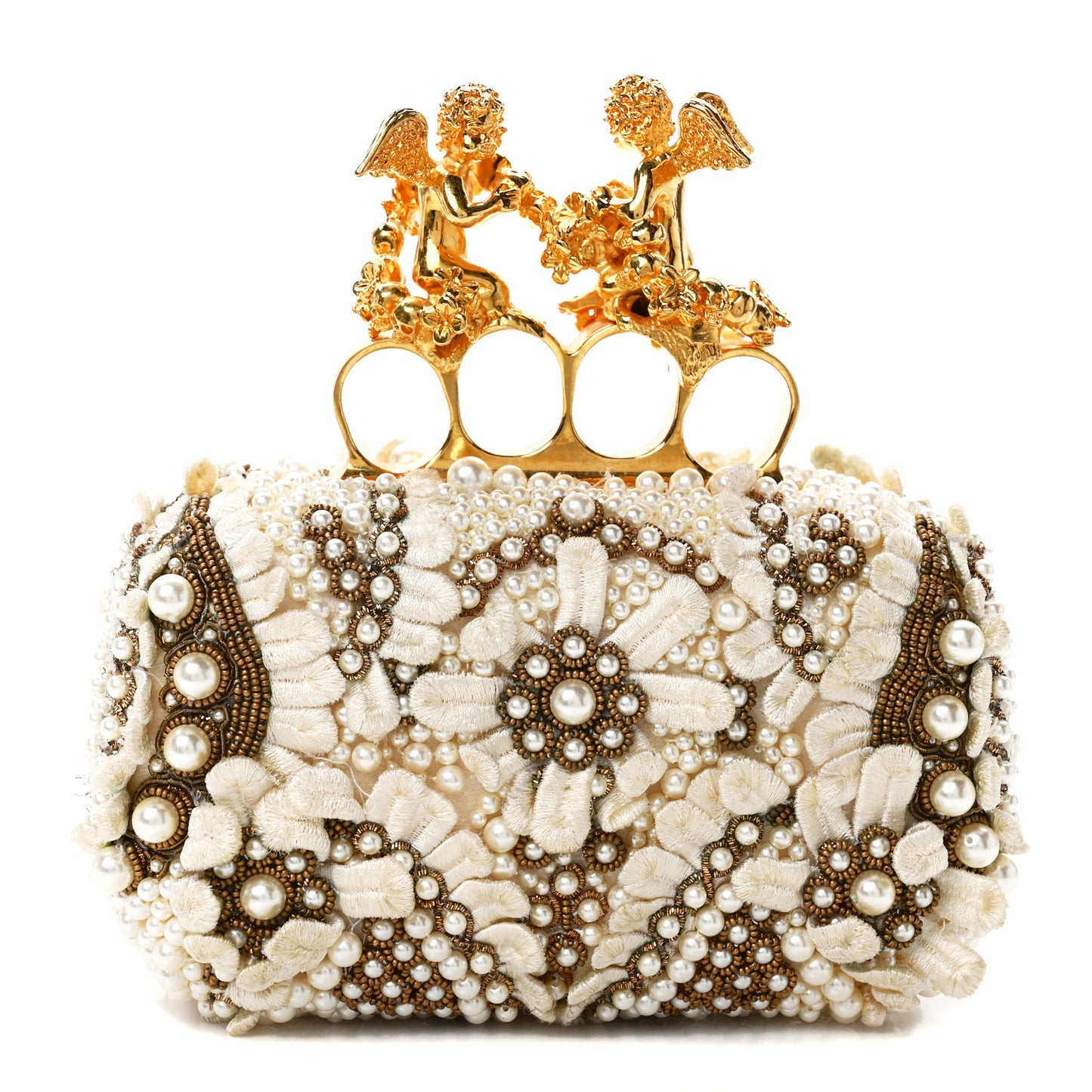 Embroidered Pearl Angel Knuckle Box Clutch Ivory Gold